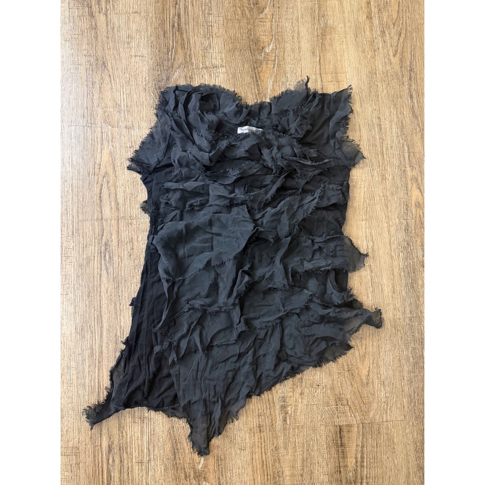 Tempo Paris Black Silk Ruffle Sleeveless Asymmetrical Top Made in Italy Small